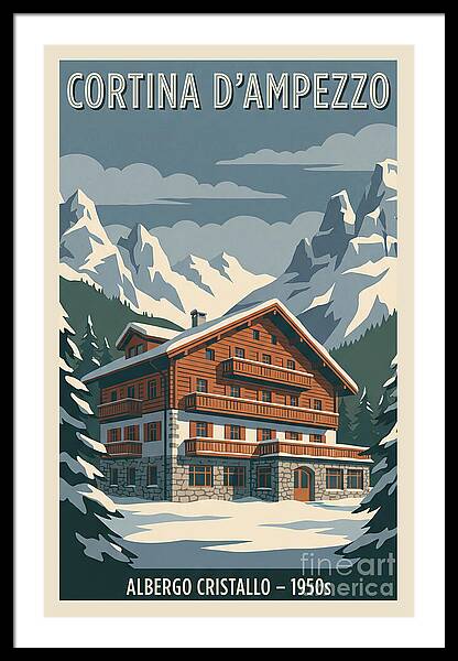 Cortina d'Ampezzo Winter Retreat vintage ski framed print Dolomites 1950s wall art