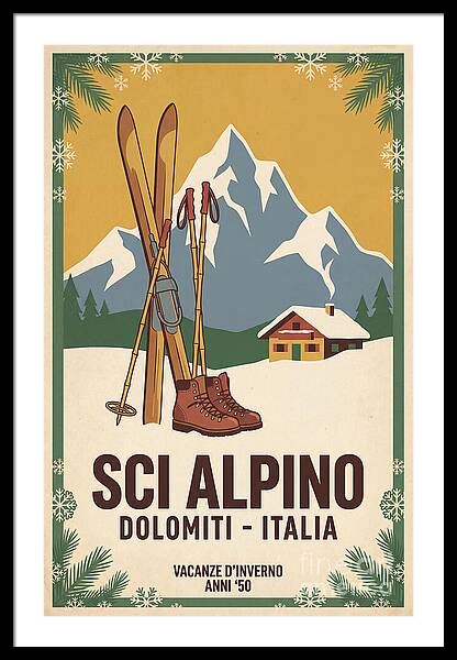 Retro Ski Poster Dolomiti Italia vintage ski framed print Italian Alps 1950s wall art