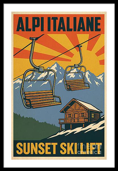 Alpine Sunset Ski Lift Poster vintage ski framed print Italian Alps 1950s wall art