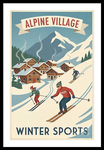 Alpine Village Skiing Scene vintage ski framed print Alpine 1950s wall art