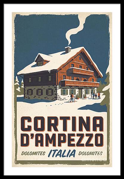 Charming Chalet in Snowy Scene vintage ski framed print Dolomites 1950s wall art