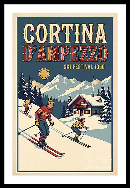 Cortina d'Ampezzo Ski Festival 1950 vintage ski framed print Dolomites 1950s wall art
