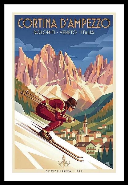 Skiing in Cortina d'Ampezzo vintage ski framed print Dolomites 1930s wall art