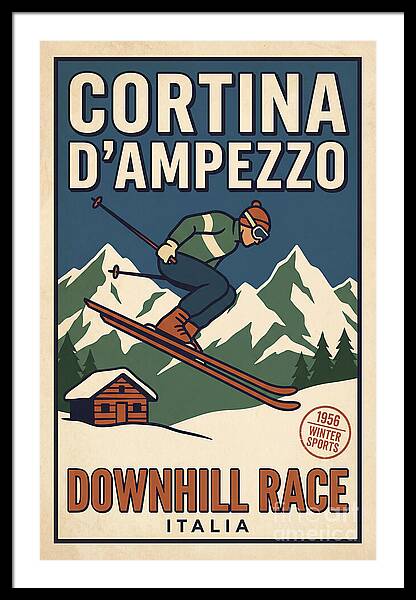 Cortina d'Ampezzo Downhill Race vintage ski framed print Dolomites 1950s wall art
