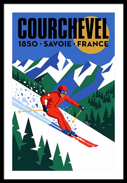 Skiing in Courchevel 1850 vintage ski framed print French Alps 1960s wall art
