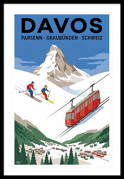 Skiing in Davos Switzerland vintage ski framed print Swiss Alps 1950s wall art