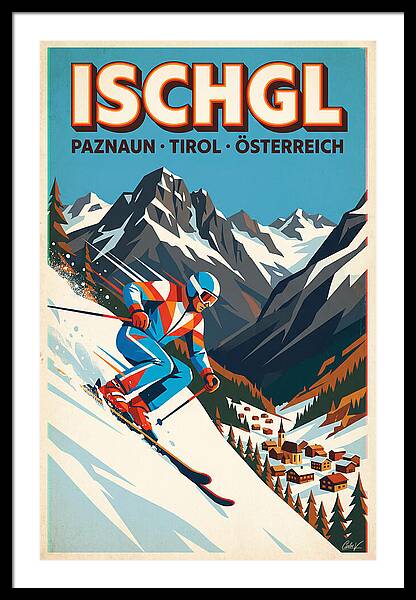 Vintage Skiing in Ischgl Austria vintage ski framed print Austrian Alps 1970s wall art
