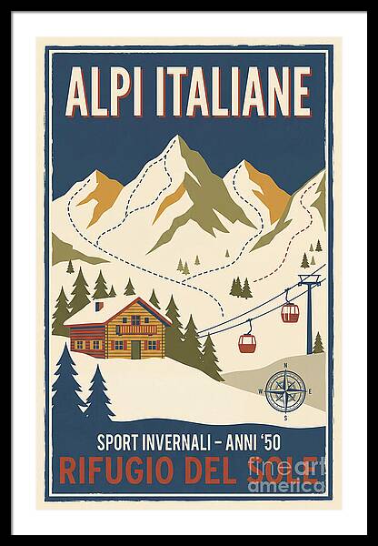 Italian Alps Winter Resort vintage ski framed print Italian Alps 1960s wall art