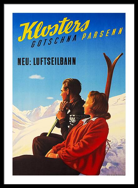 Klosters Gotschna Parsenn vintage ski framed print Swiss Alps 1950s wall art