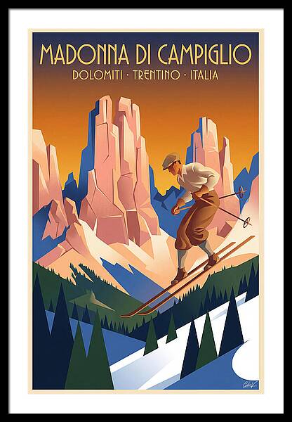 Madonna di Campiglio Italy vintage ski framed print Dolomites 1930s wall art
