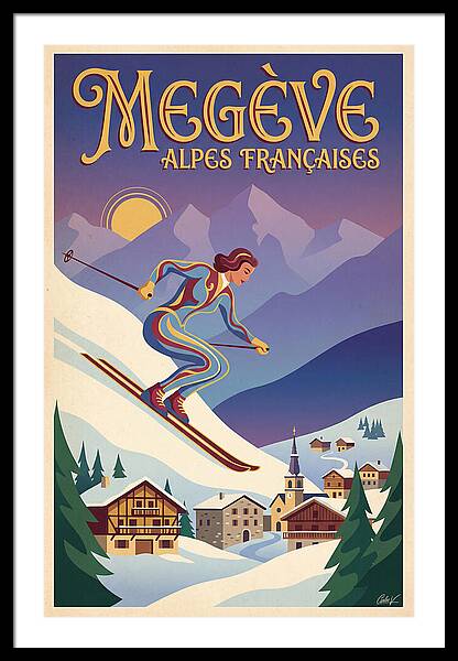 Skiing Down Megève Slopes vintage ski framed print French Alps 1950s wall art