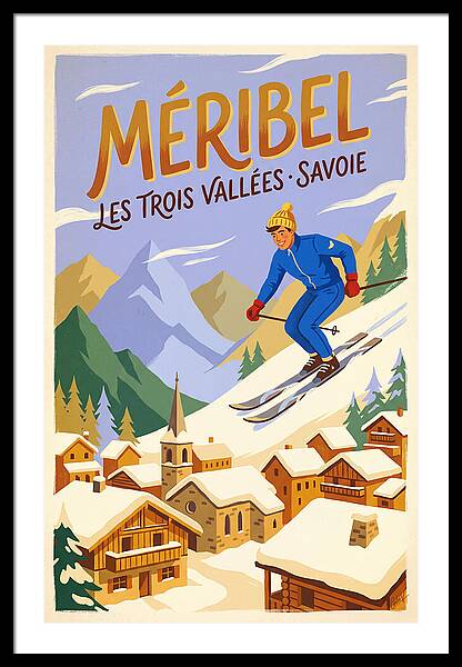 Skiing in Méribel French Alps vintage ski framed print French Alps 1960s wall art