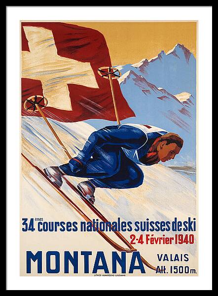 Montana Valais 1500m Switzerland vintage ski framed print Swiss Alps 1920s wall art