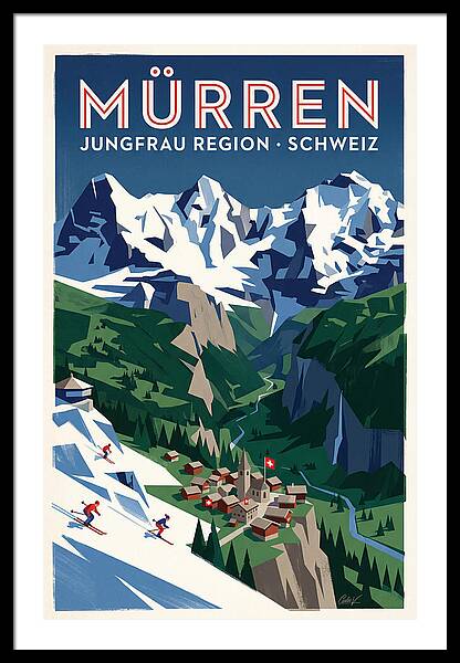 Skiers in Mürren Switzerland vintage ski framed print Swiss Alps 1930s wall art