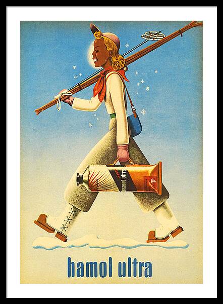 Sun Cream Hamol Ultra Vintage Ad vintage ski framed print Alpine 1950s wall art