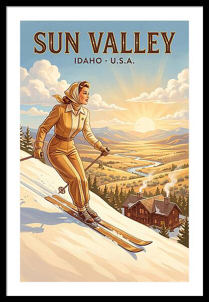 Skiing in Sun Valley Idaho vintage ski framed print Idaho Rockies 1940s wall art