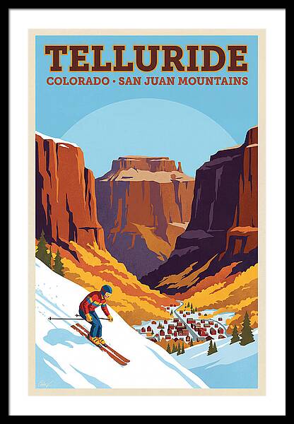 Skiing in Telluride Mountains vintage ski framed print Colorado Rockies 1970s wall art