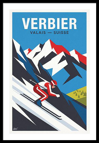 Skiing in Verbier Switzerland vintage ski framed print Swiss Alps 1960s wall art