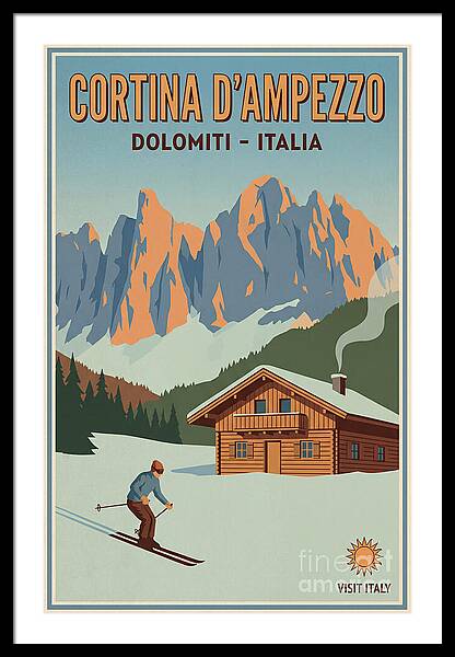 Skiing in Cortina d'Ampezzo vintage ski framed print Dolomites 1950s wall art
