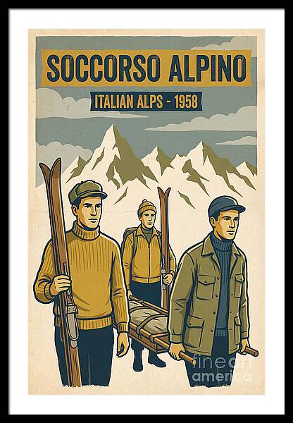 Alpine Rescue Team 1958 vintage ski framed print Italian Alps 1950s wall art