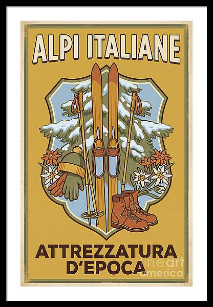 Vintage Italian Alps Skiing Gear vintage ski framed print Italian Alps 1950s wall art
