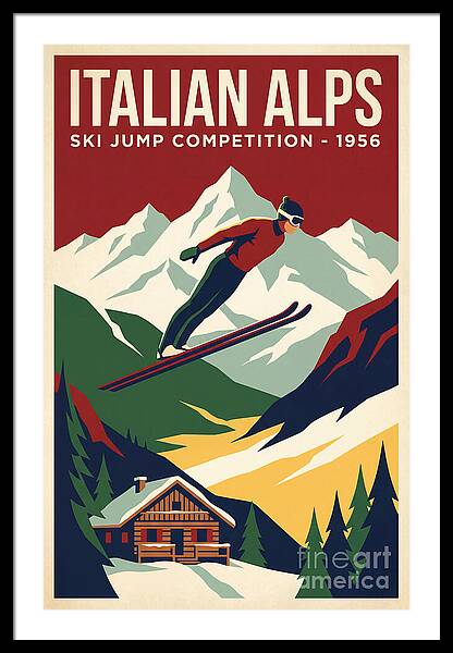 Vintage Ski Jump in Italian Alps vintage ski framed print Italian Alps 1950s wall art