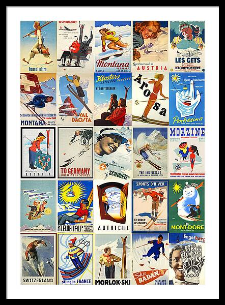 Vintage Ski Posters Collage vintage ski framed print Multi-Alpine 1920s-1960s wall art