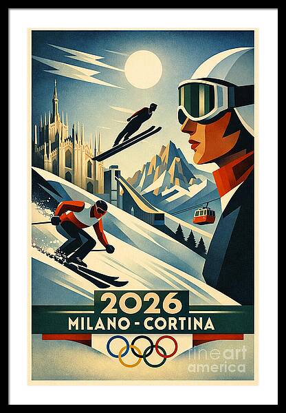 Winter Sports in Milan-Cortina vintage ski framed print Italian Alps 1950s wall art