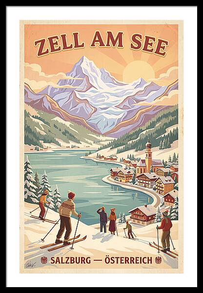 Skiing at Zell am See vintage ski framed print Austrian Alps 1950s wall art